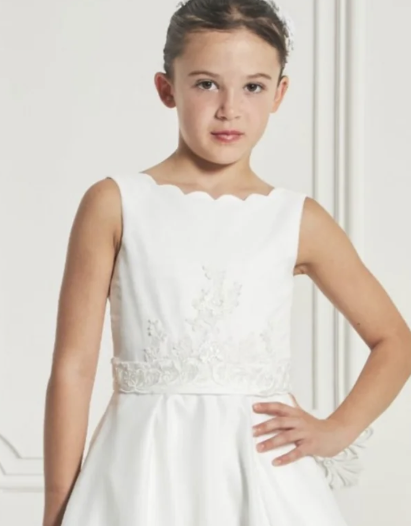 MACIS DESIGN  ORGANZA OVER SATIN BOX PLEATED SKIRT SCARLET EDGE NECKLINE VBACK DRESS