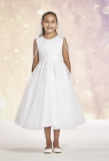 JOAN CALABRESE BEADED NECKLINE SATIN TOP FULL TULLE SKIRT DRESS