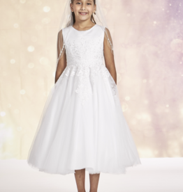 JOAN CALABRESE BEADED NECKLINE SATIN TOP FULL TULLE SKIRT DRESS