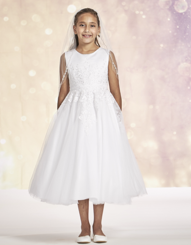 JOAN CALABRESE BEADED NECKLINE SATIN TOP FULL TULLE SKIRT DRESS