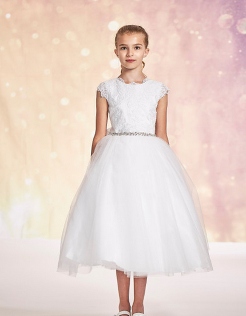 JOAN CALABRESE LACE OVER SPARKLE TULLE ILLUSION BACK & BOW DRESS