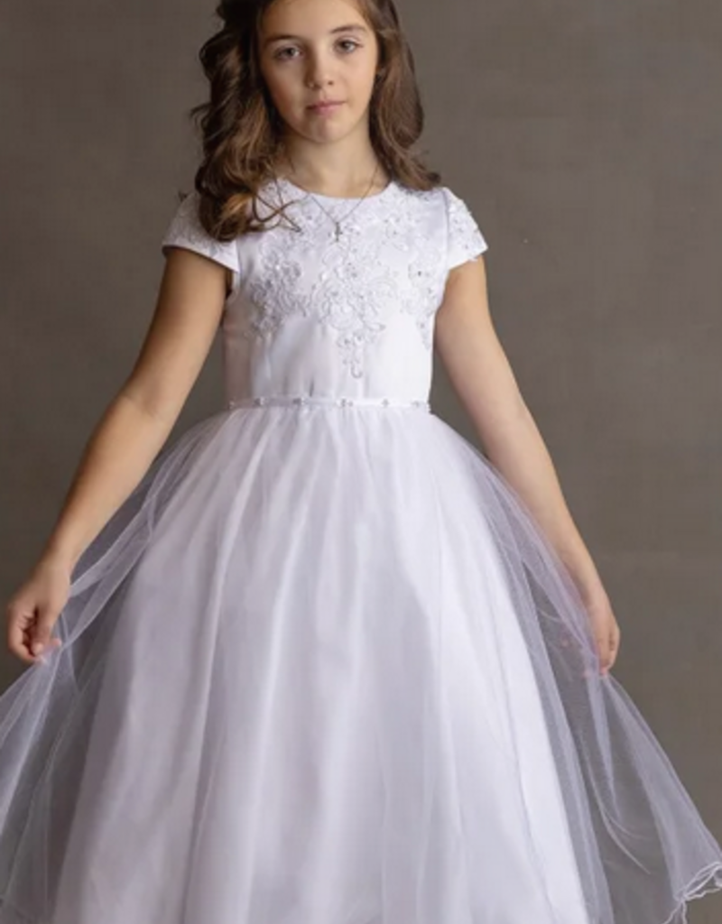 BEADED LACE BODICE SATIN BEADED WAISTBAND TULLE SKIRT DRESS