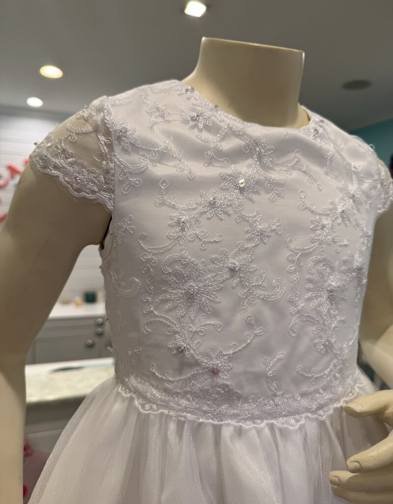 SCALLOPED LACE WAISTLINE BEADED LACE BODICE TULLE SKIRT DRESS