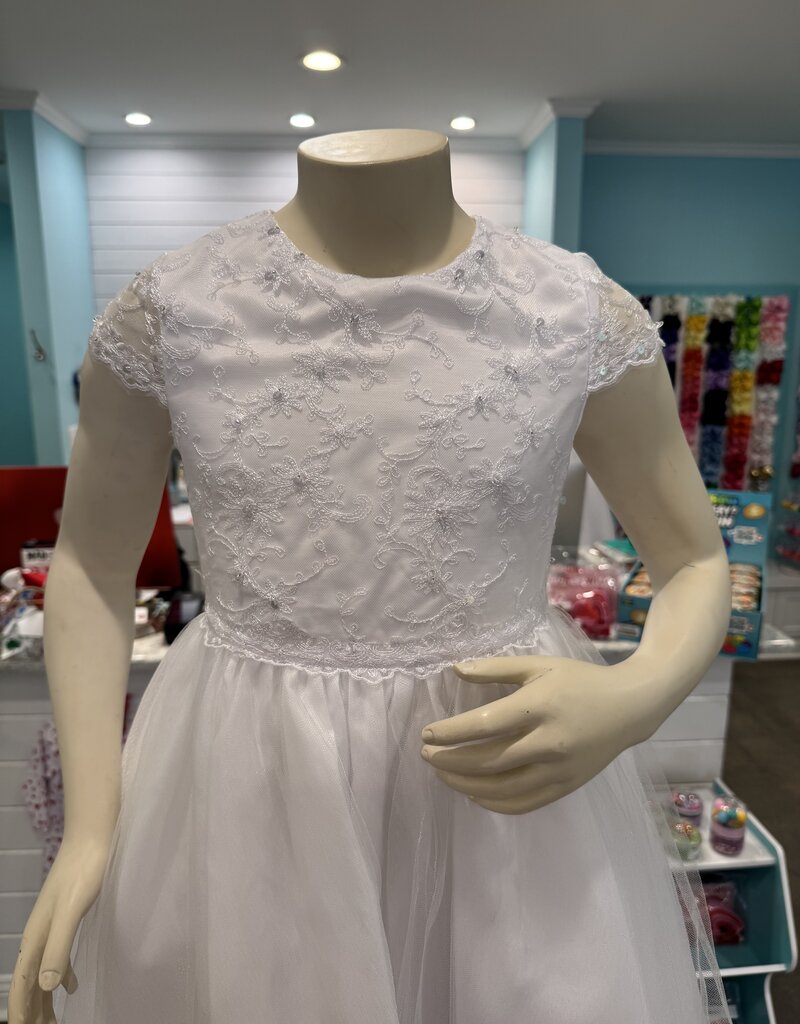 SCALLOPED LACE WAISTLINE BEADED LACE BODICE TULLE SKIRT DRESS