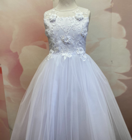 JOAN CALABRESE SLVL ILLUSION W/BEADED NECKLINE LACE 3D FLOWER BODICE TULLE SKIRT DRESS