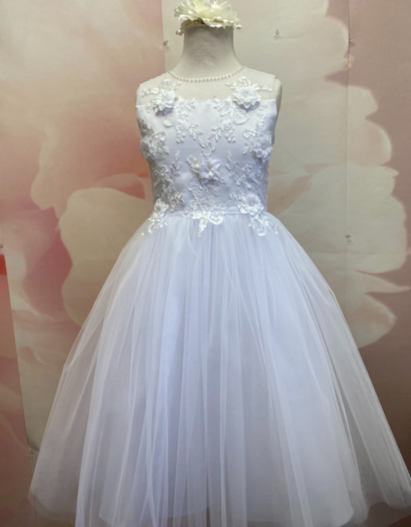 JOAN CALABRESE SLVL ILLUSION W/BEADED NECKLINE LACE 3D FLOWER BODICE TULLE SKIRT DRESS