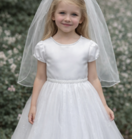 JOAN CALABRESE SHORT PUFF SLV BEADING SPARKLE TULLE BOW BACK DRESS