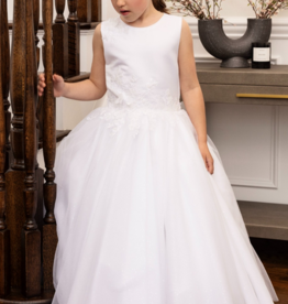 JOAN CALABRESE SLVL SATIN BODICE W/LACE APP ON SHOULDER & WAIST TULLE SKIRT DRESS