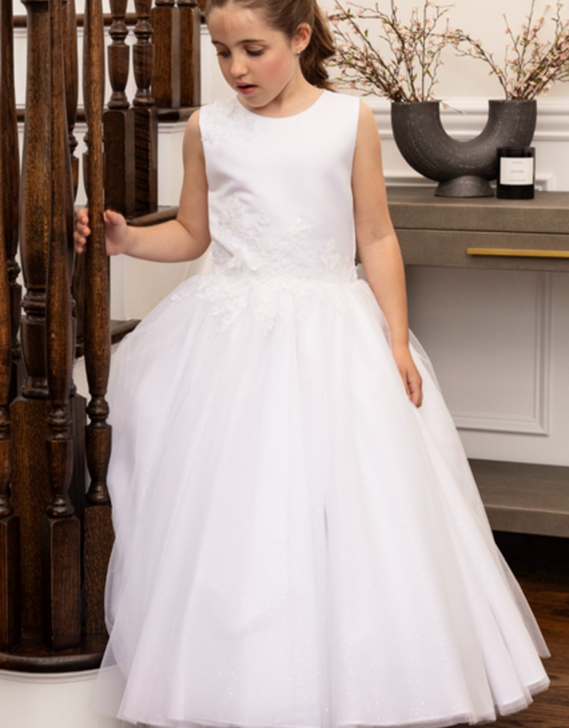 JOAN CALABRESE SLVL SATIN BODICE W/LACE APP ON SHOULDER & WAIST TULLE SKIRT DRESS