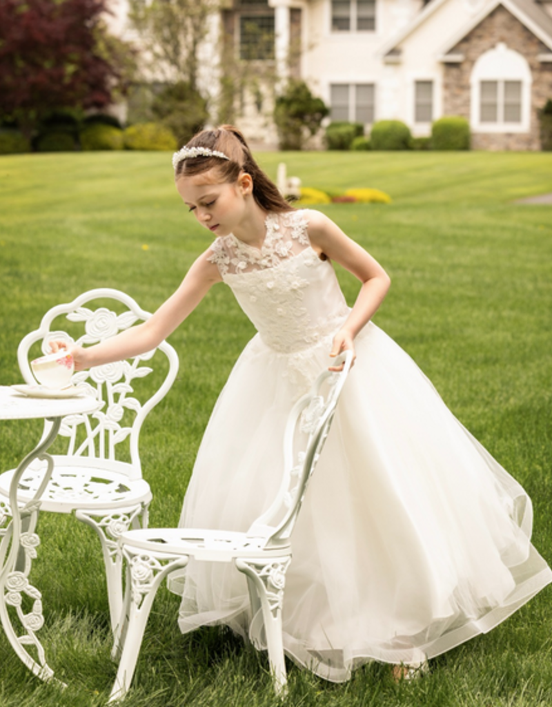 MACIS DESIGN MANDARIN COLLAR LACE ROSETTS HORSEHAIR HEM T-LENGTH DRESS