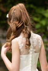 MACIS DESIGN MANDARIN COLLAR LACE ROSETTS HORSEHAIR HEM T-LENGTH DRESS