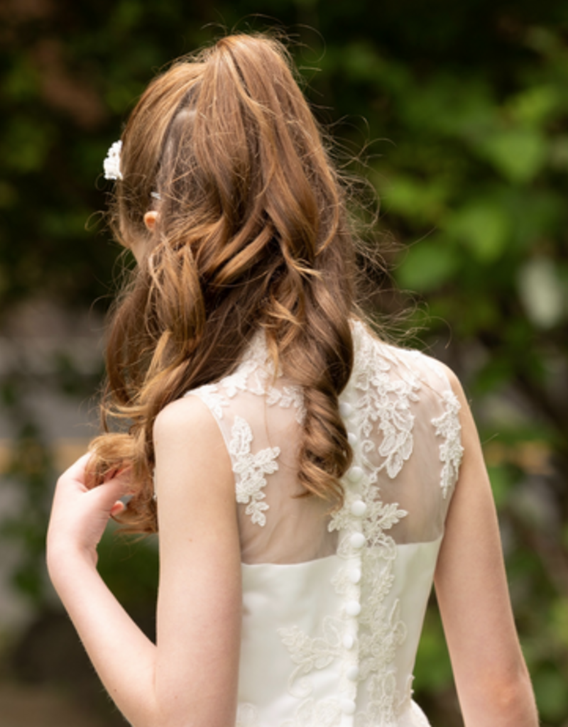 MACIS DESIGN MANDARIN COLLAR LACE ROSETTS HORSEHAIR HEM T-LENGTH DRESS