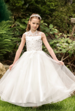 MACIS DESIGN MANDARIN COLLAR LACE ROSETTS HORSEHAIR HEM T-LENGTH DRESS