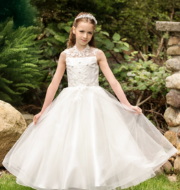 MACIS DESIGN MANDARIN COLLAR LACE ROSETTS HORSEHAIR HEM T-LENGTH DRESS