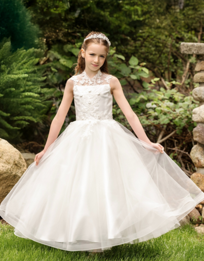 MACIS DESIGN MANDARIN COLLAR LACE ROSETTS HORSEHAIR HEM T-LENGTH DRESS