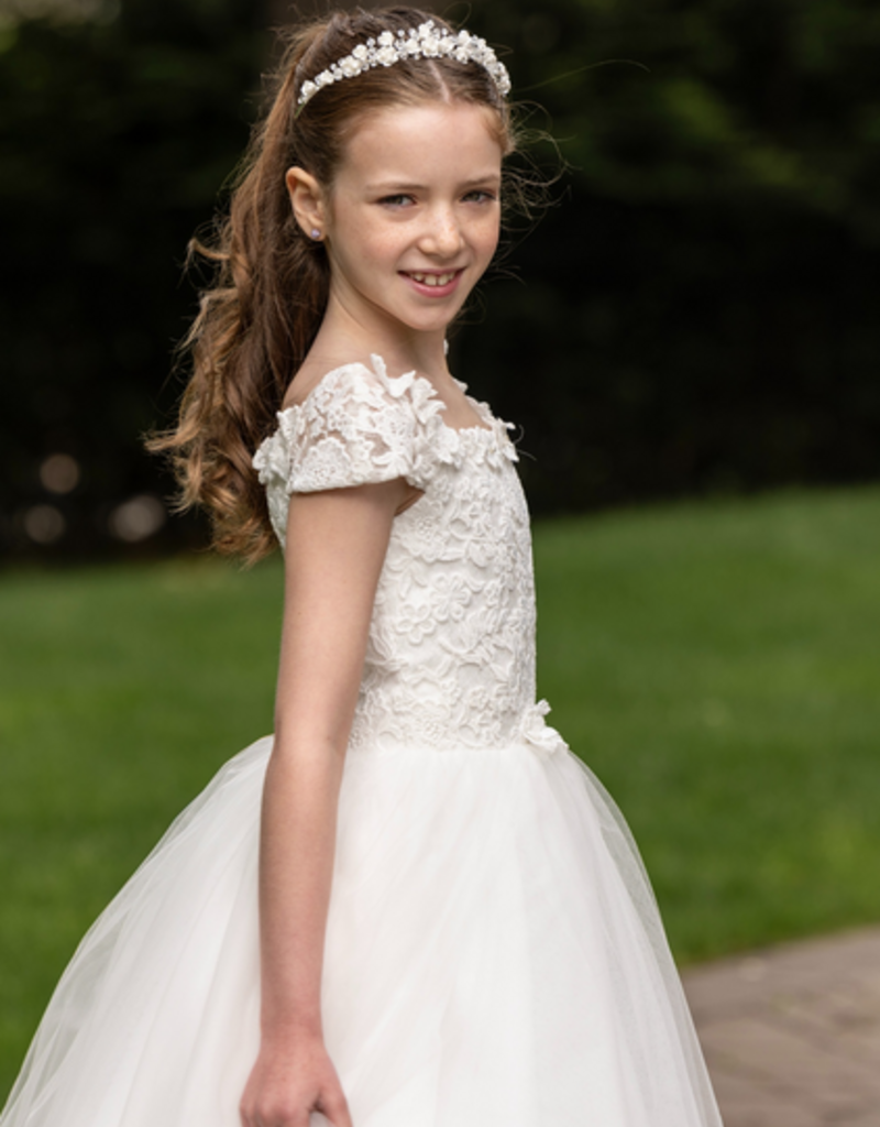 MACIS DESIGN OFF SHOULDER CAP SLV VENICE LACE T-LENGTH DRESS