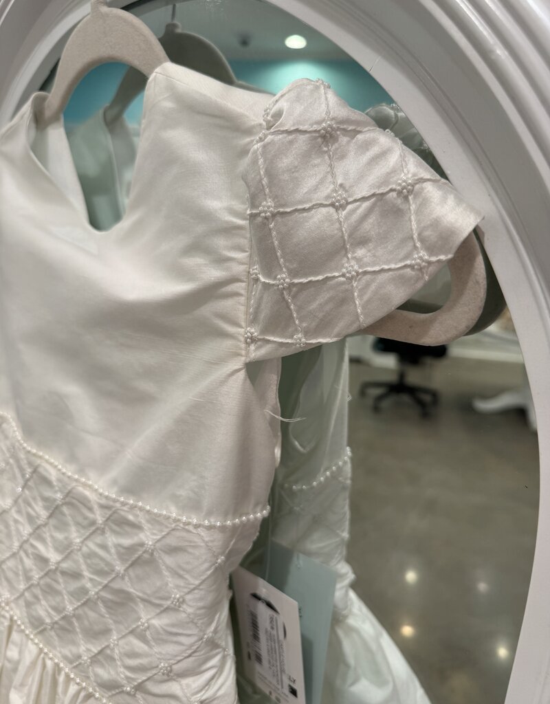 SUSANNE LIVELY DUPIONI SILK DRESS W/BEADED PIN TUCK HALF SLV & WAIST