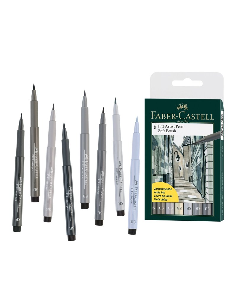 Faber-Castell Art Supplies Pitt Artist Pens - Soft Brush (SB) Nib - Shades of Grey (Set of 8)