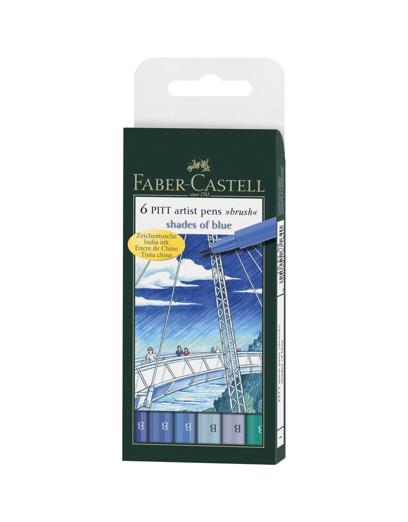 Faber-Castell Art Supplies Pitt Artist Pens - Brush (B) Nib - Shades of Blue (Set of 6)