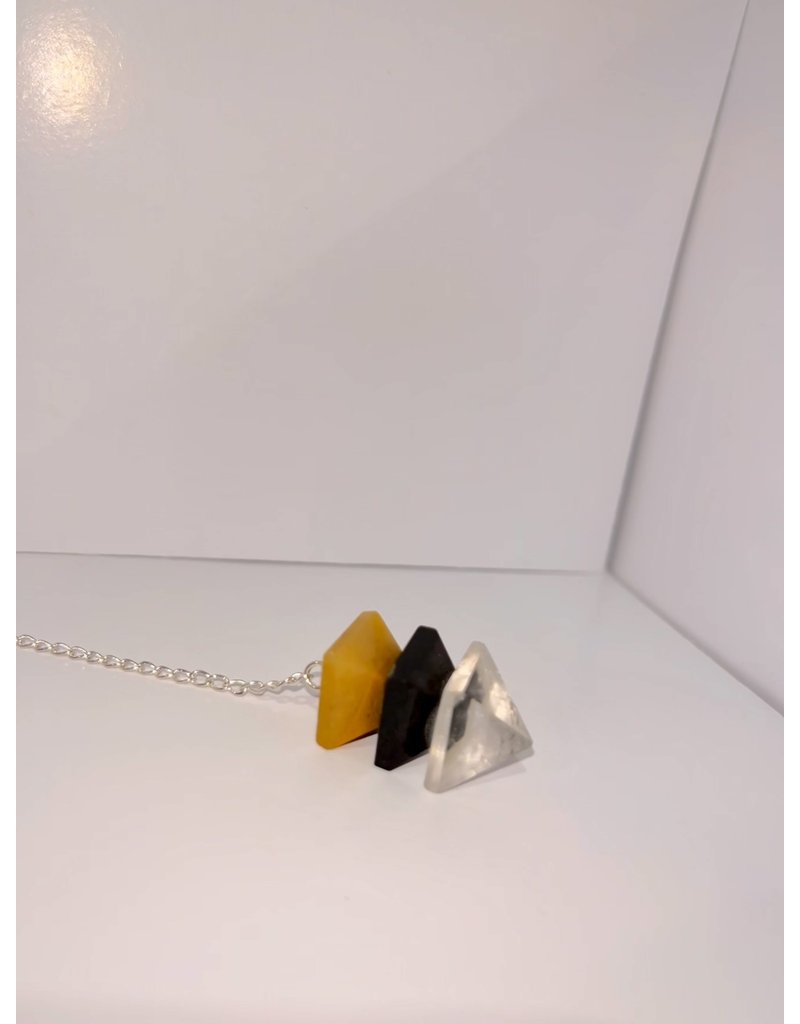 Squire Boone Village Jewelry Pendulum - Gemstone Triple Stacked Half Octahedron , Quartz Crystal, Black Onyx