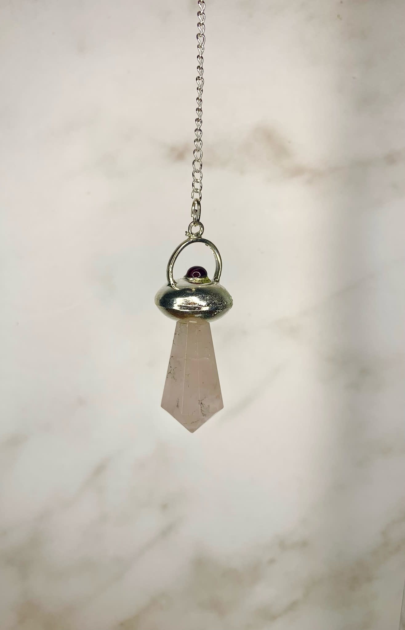 Jewelry Pendulum - Rose Quartz Faceted Jewel with Silver Plated hat and Garnet Cabochon