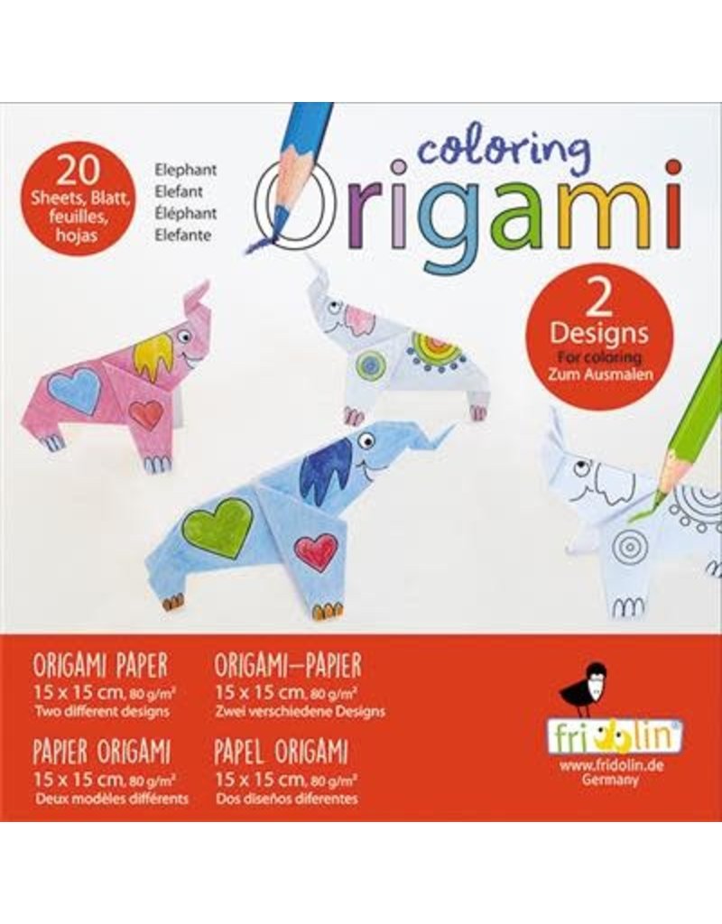 Fridolin Art Supplies Coloring Origami Elephant 2 Designs (20 Sheets; 15 cm x 15 cm)