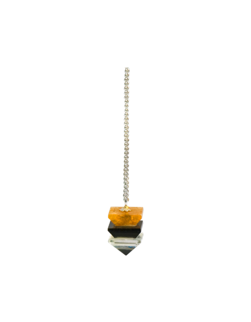 Squire Boone Village Jewelry Pendulum - Gemstone Triple Stacked Half Octahedron (Quartz Crystal, Black Onyx, Sunstone)