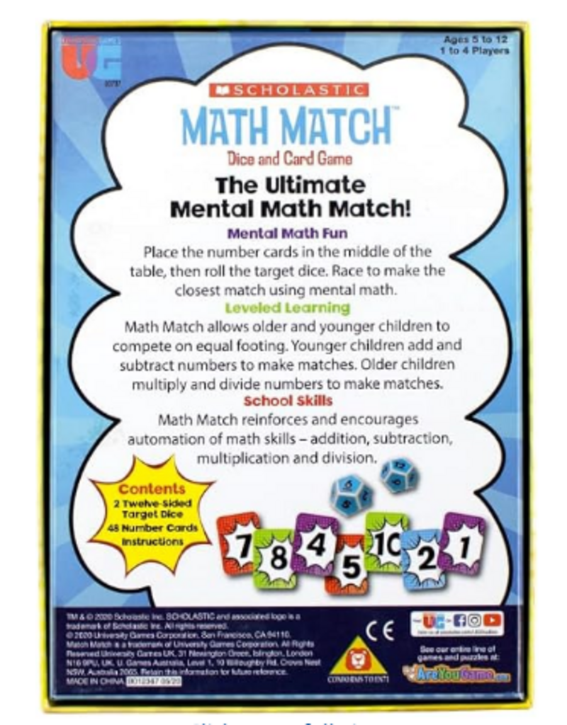 University Games Game - Scholastic Math Match Dice and Card Game