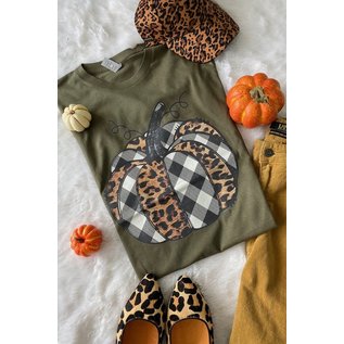 L & B LIFE PLAID PUMPKIN  OLIVE T-SHIRT