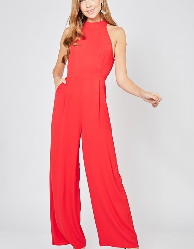red jumpsuit high neck