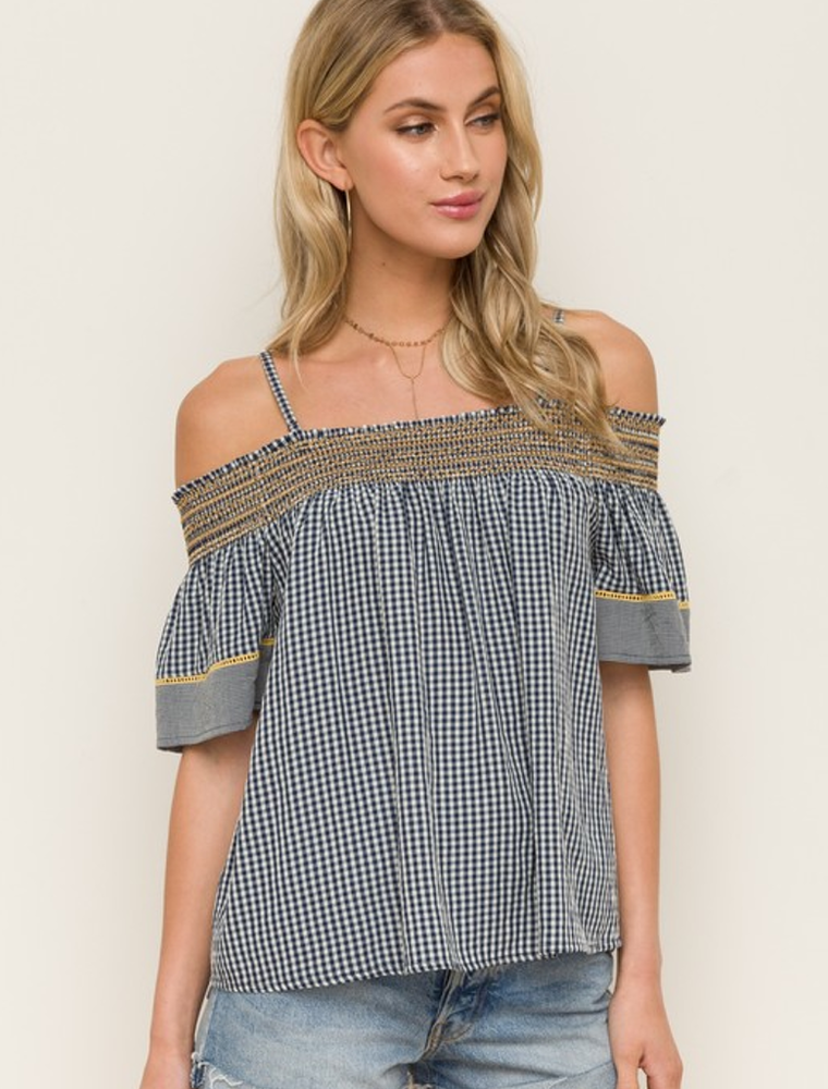 Mixed Gingham Off the Shoulder Top