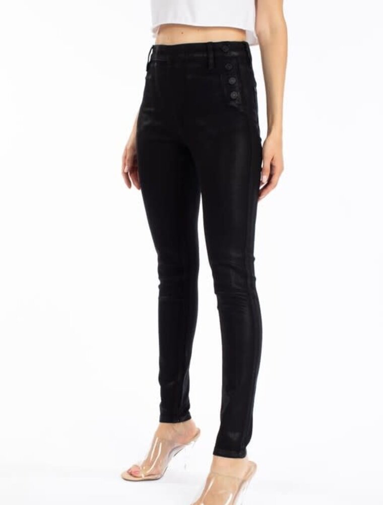 High Rise Faux Leather Button Jeans