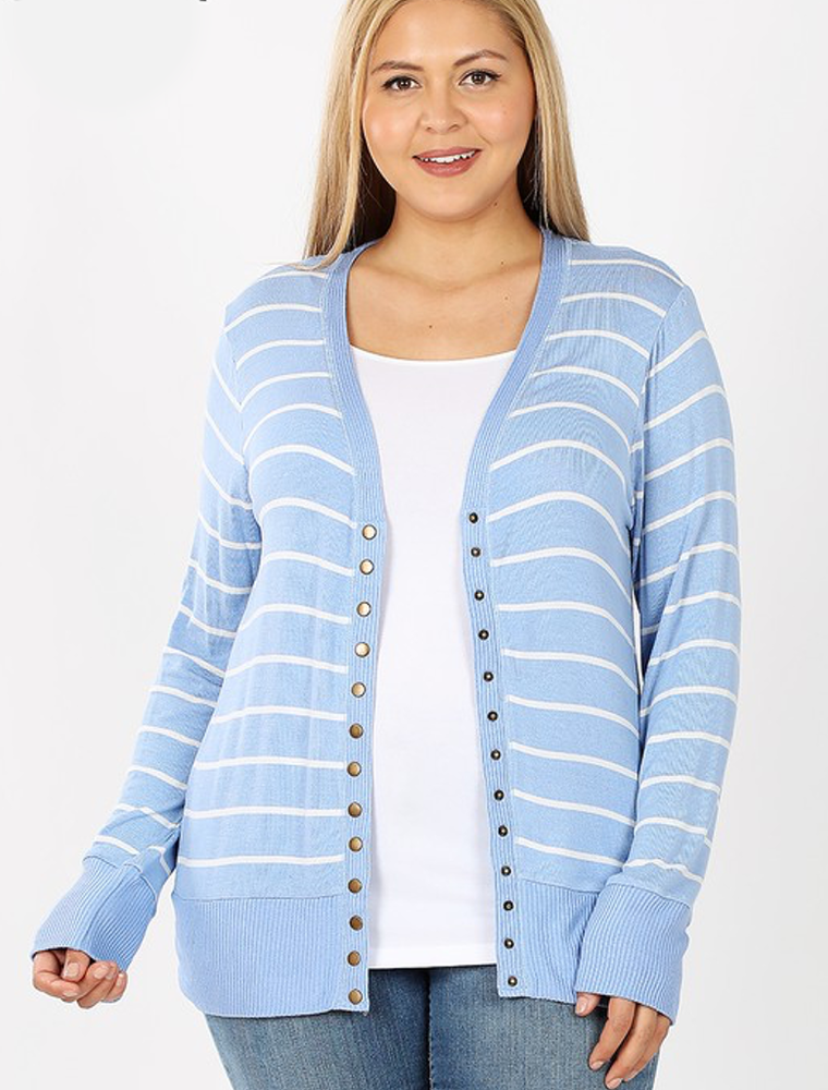 Striped Snap Cardigan Full Sleeve - Spring Blue