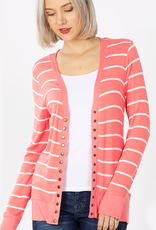 Striped Snap Cardigan Full Sleeve - Deep Coral