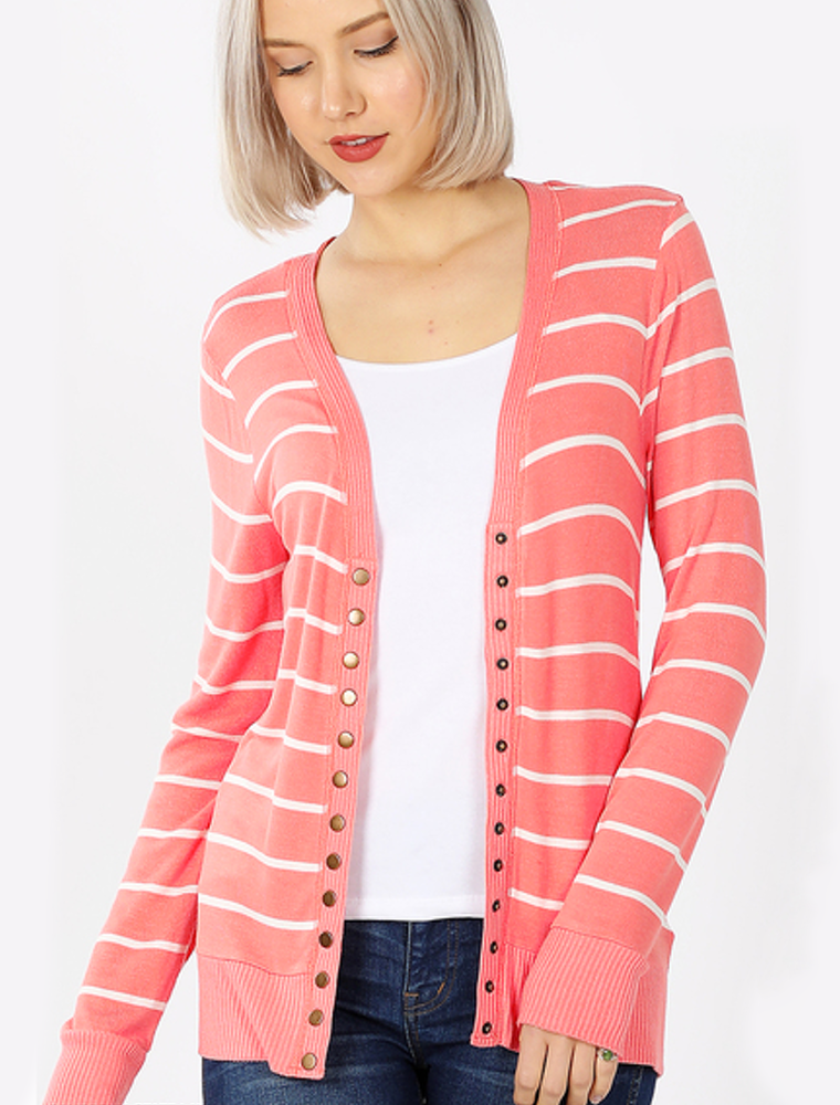 Striped Snap Cardigan Full Sleeve - Deep Coral