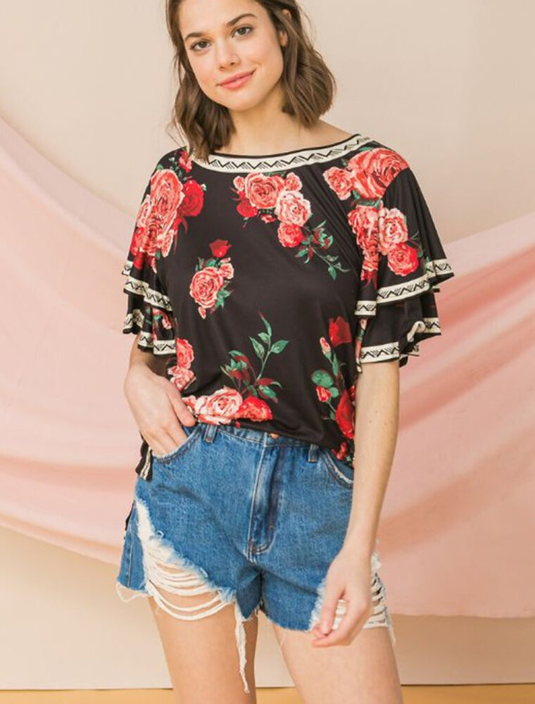 Tiered Ruffle Sleeve Floral Print Top
