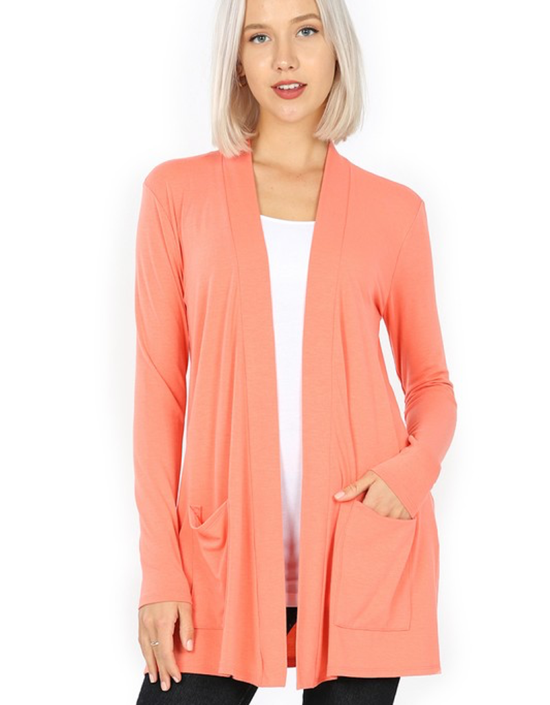 Slouchy Pocket Open Cardigan - Deep Coral