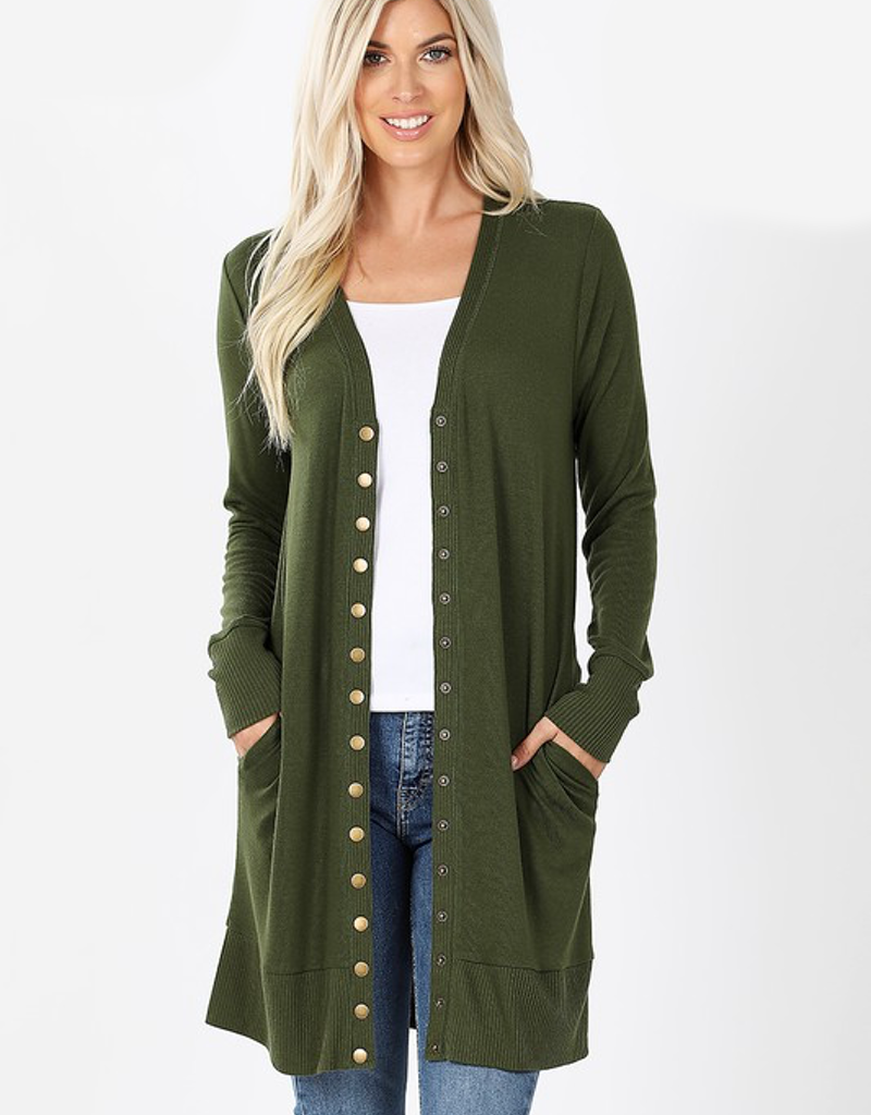 Full Sleeve Long Snap Cardigan - Army Green