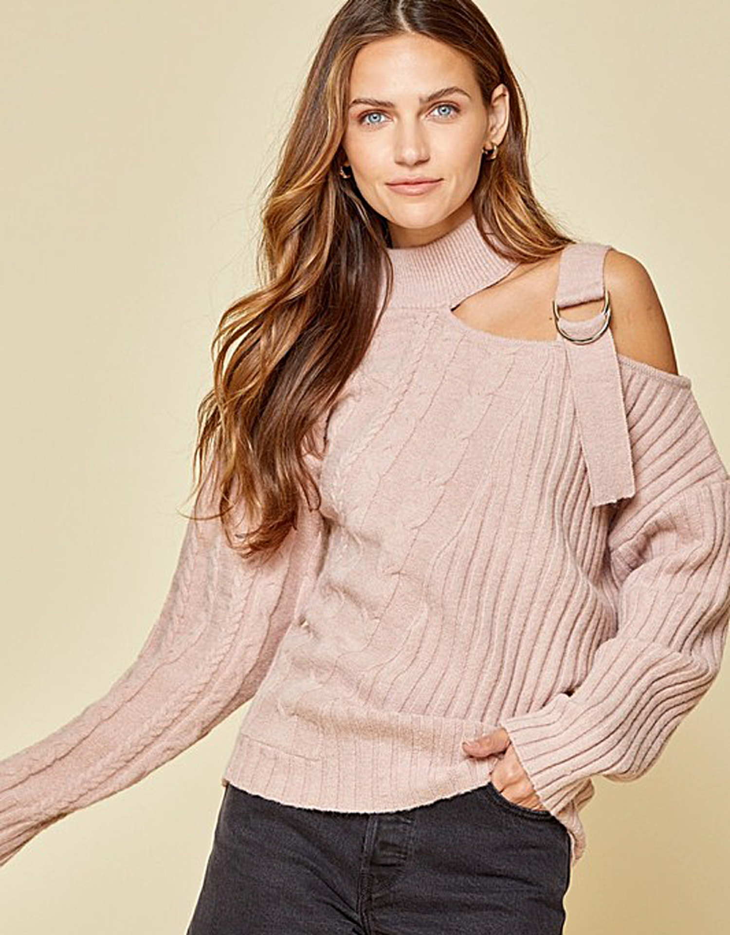 Cold Shoulder Sweater with Buckle 