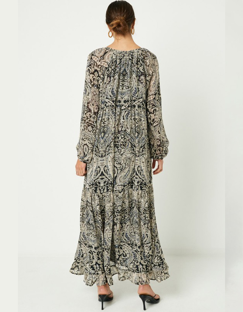 Paisley Print Long Sleeve Maxi Dress