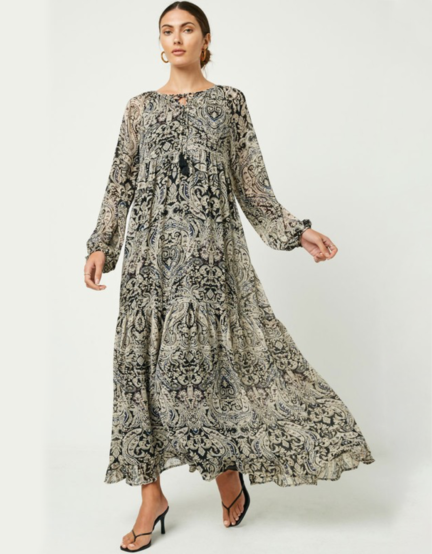 Paisley Print Long Sleeve Maxi Dress 
