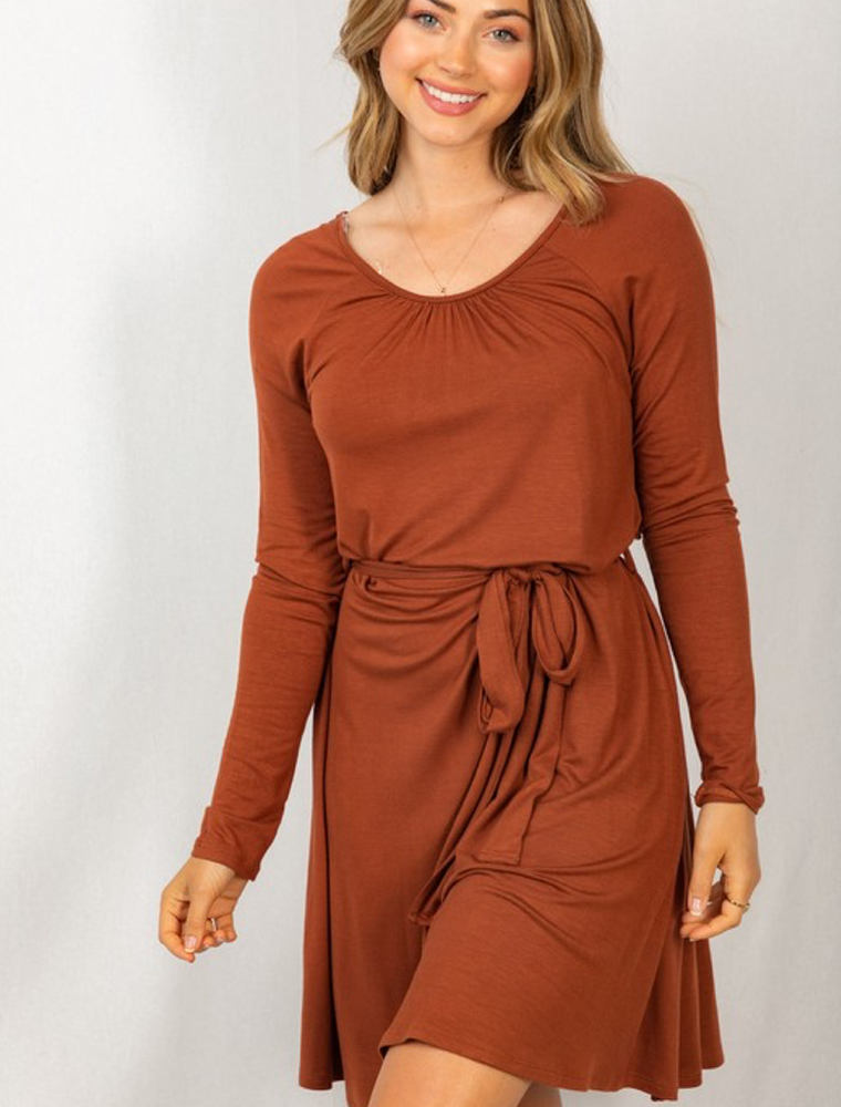 Long Sleeve Solid Knit Dress - Copper