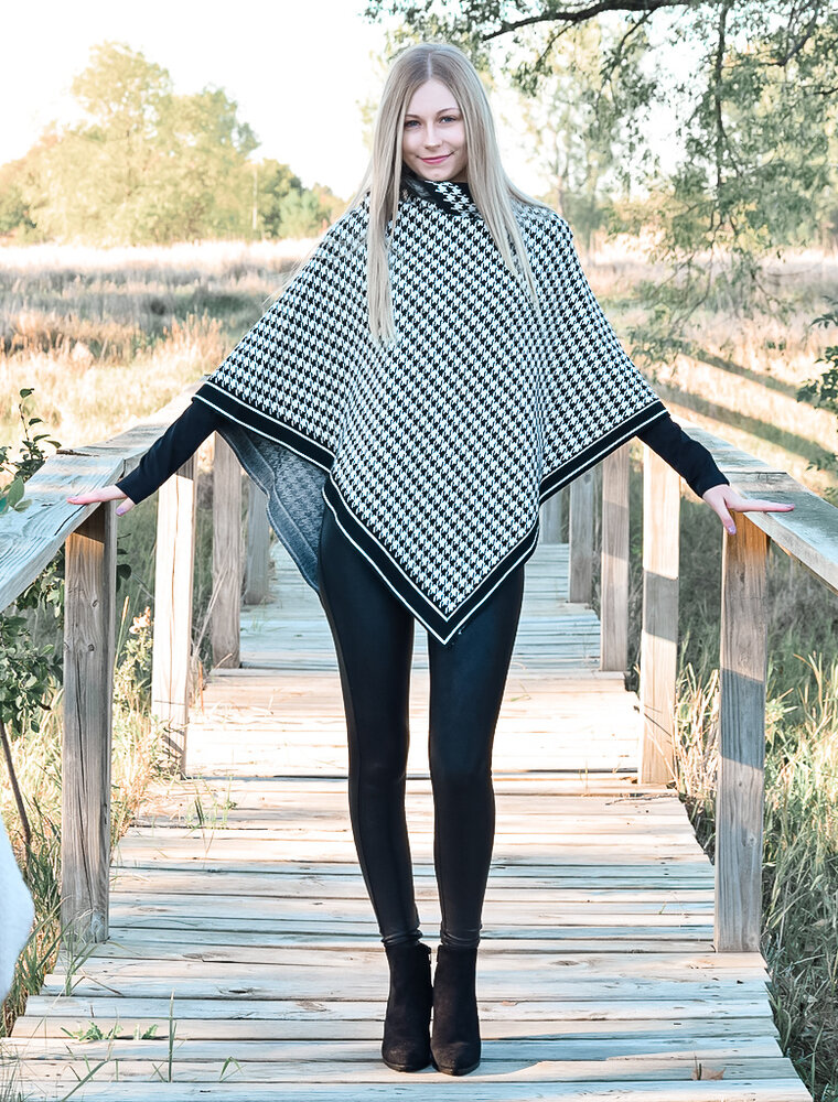 Turtle Neck Hounds Tooth Poncho
