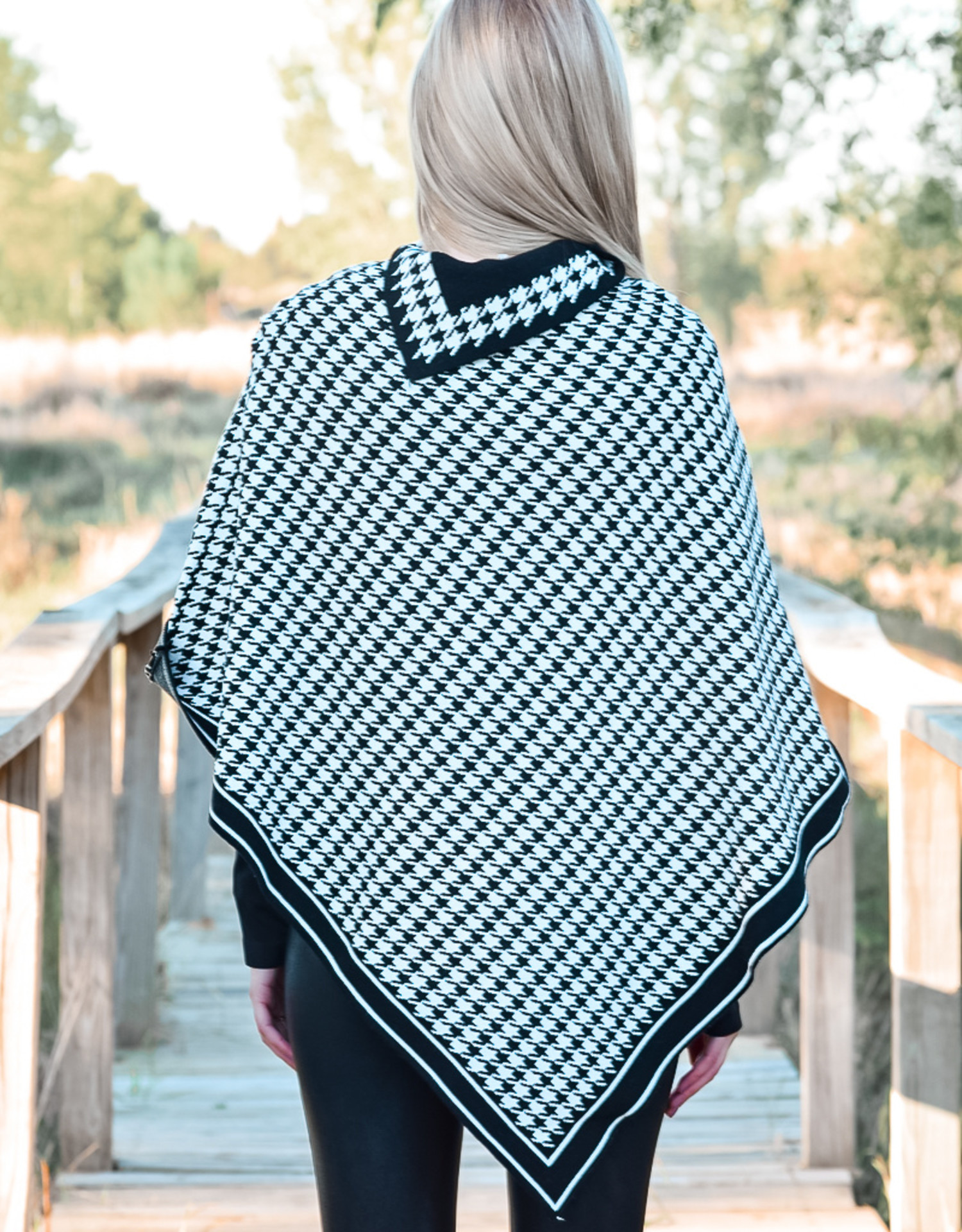 Turtle Neck Hounds Tooth Poncho 