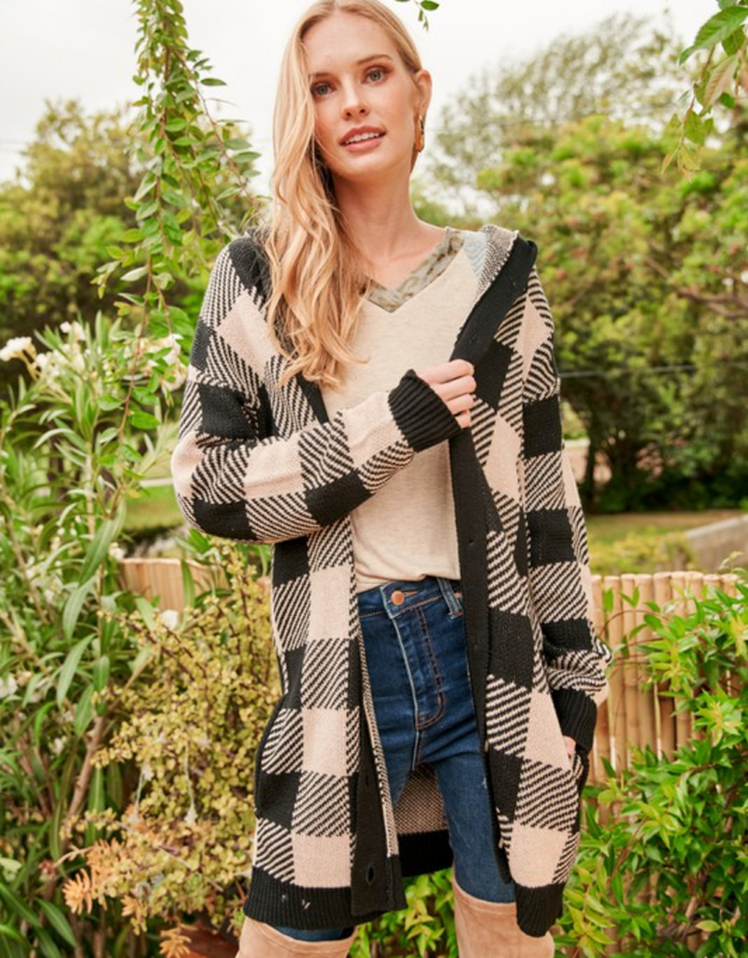 Buffalo Plaid Check Hooded Cardigan 
