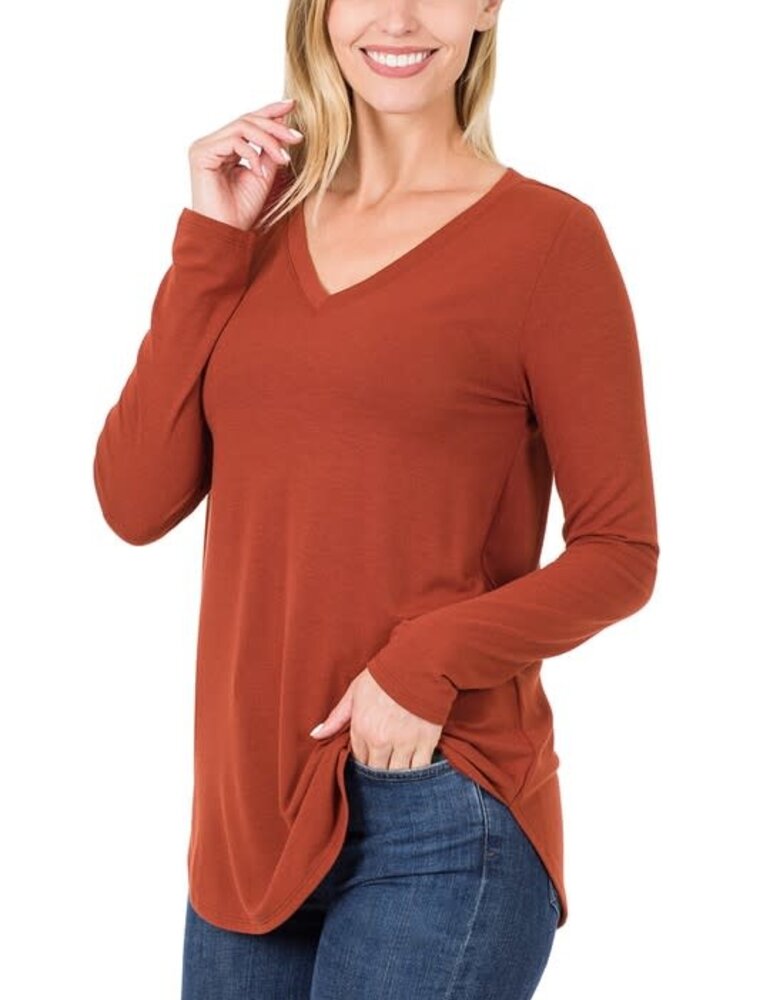 V-Neck Long Sleeve Basic Top - Fired Brick