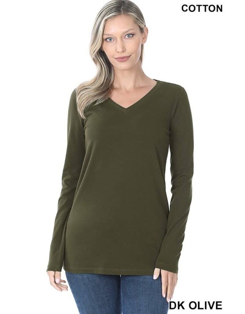 Cotton V-Neck Long Sleeve - Dark Olive