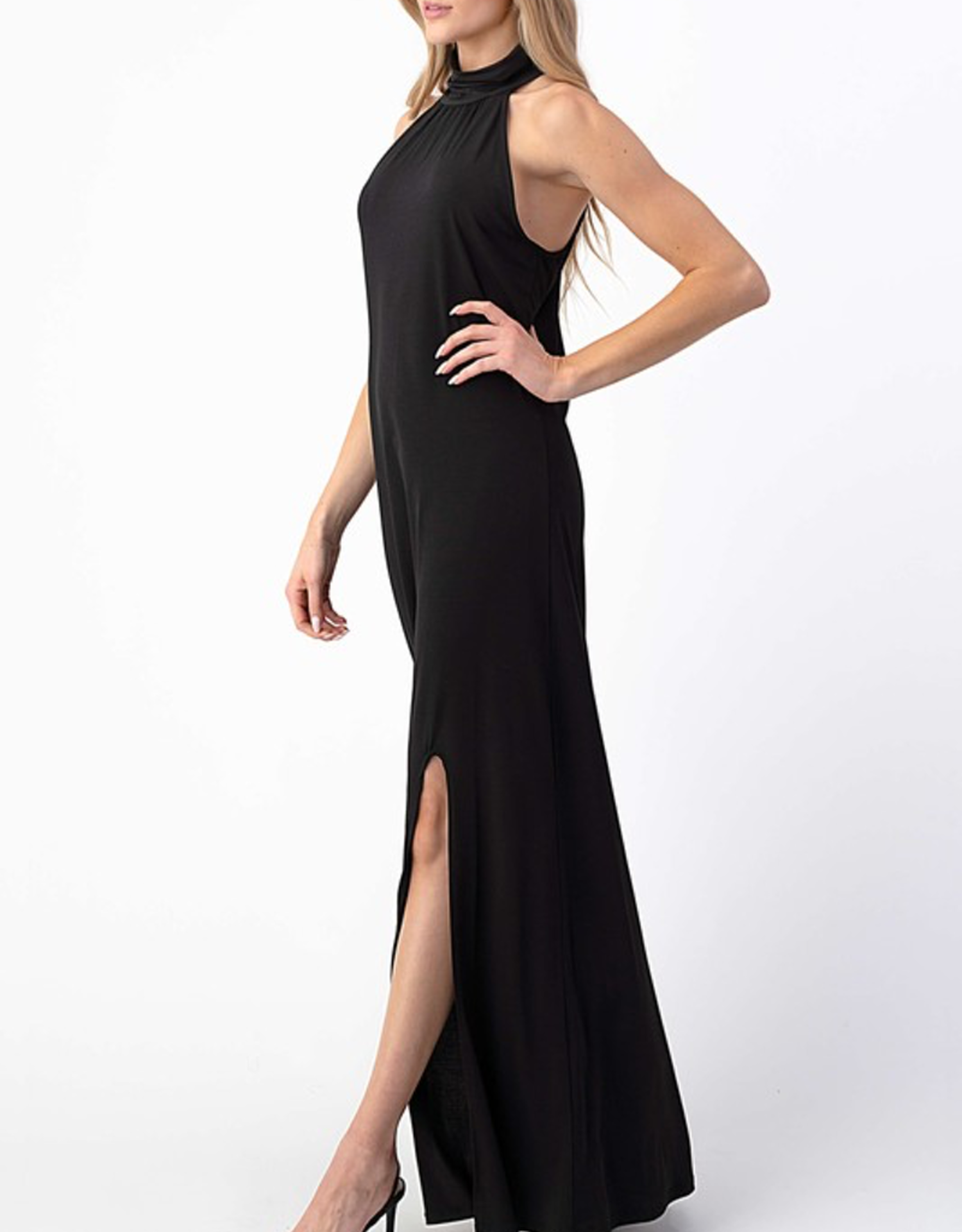 Mock Neck Open Back Maxi Dress With Side Slit