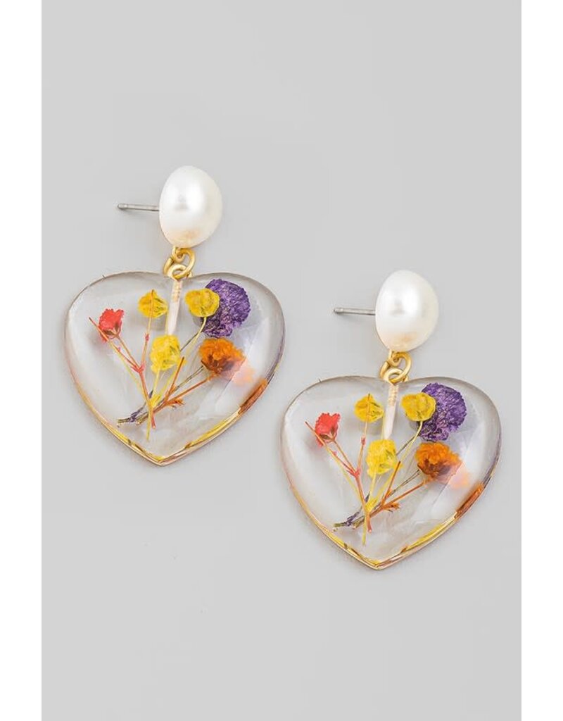 Pressed Flower Clear Heart Earrings