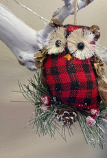 Plaid Owl Pinecone Ornament - Red
